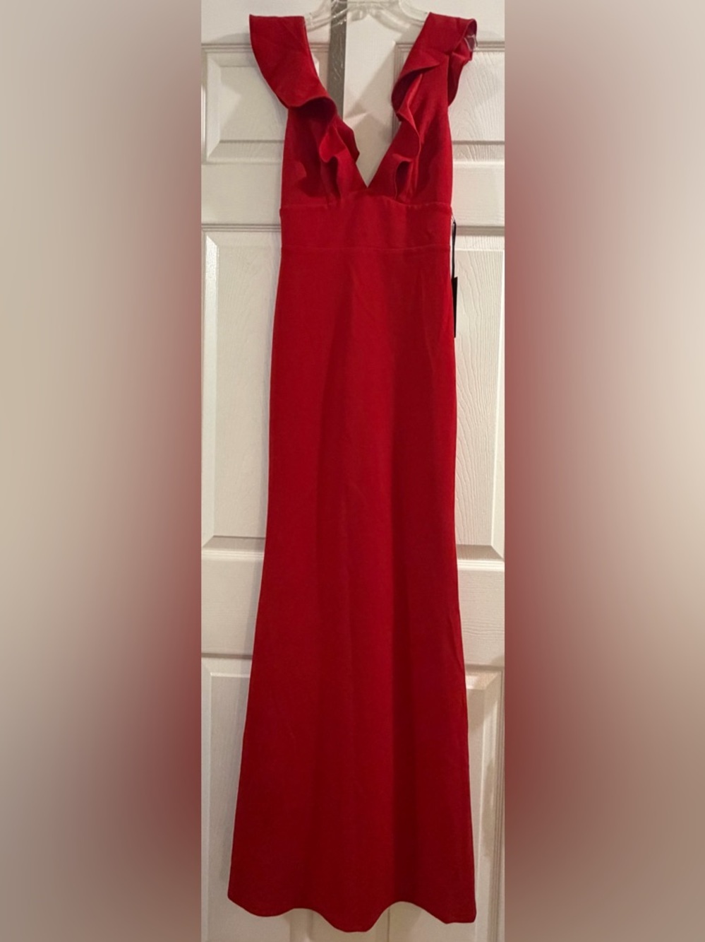 Lulu's Red Ruffle-Trim V-Neck Prom Gown